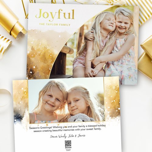 Chic Gold Joyful Script wCurved Photo  Foil Holiday Card