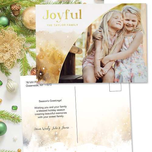 Chic Gold Joyful Script wCurved Photo  Foil Holiday Postcard