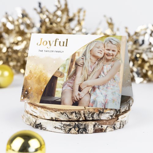 Chic Gold Joyful Script wCurved Photo  Holiday Card