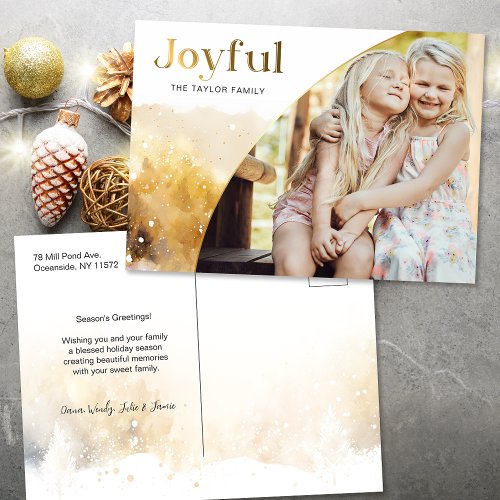 Chic Gold Joyful Script wCurved Photo  Holiday Postcard