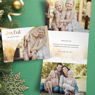 Chic Gold Joyful Script w/Curved Photo  Tri-Fold Holiday Card