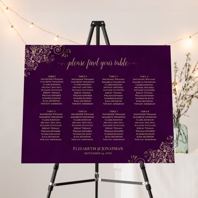 Chic Gold Lace 8 Table Plum Purple Seating Chart Foam Board (In Situ (Stand))