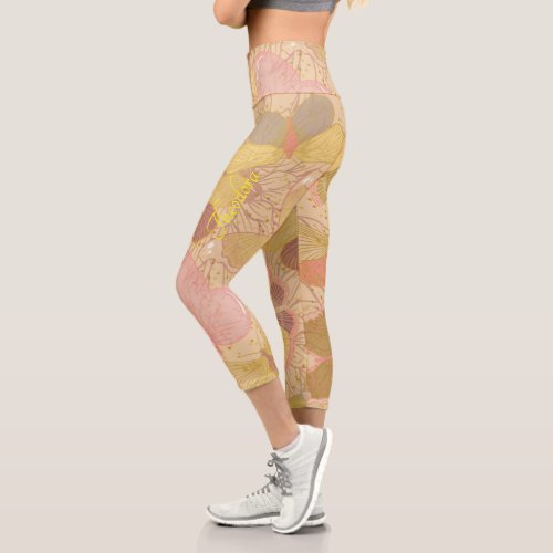 Chic Gold Leaf and Butterfly Pink Background Capri Leggings