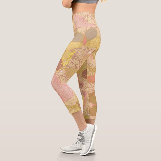 Chic Gold Leaf and Butterfly Pink Background Capri Leggings (Left)