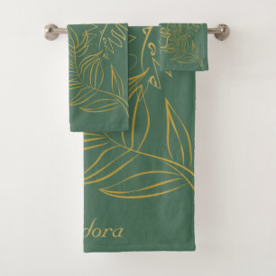 Chic Gold Leaf Green Background Bath Towel Set