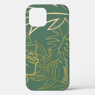 Chic Gold Leaf Green Background iPhone 12 Case
