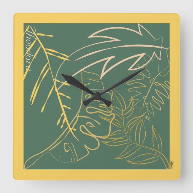 Chic Gold Leaf Green Background Square Wall Clock (Front)