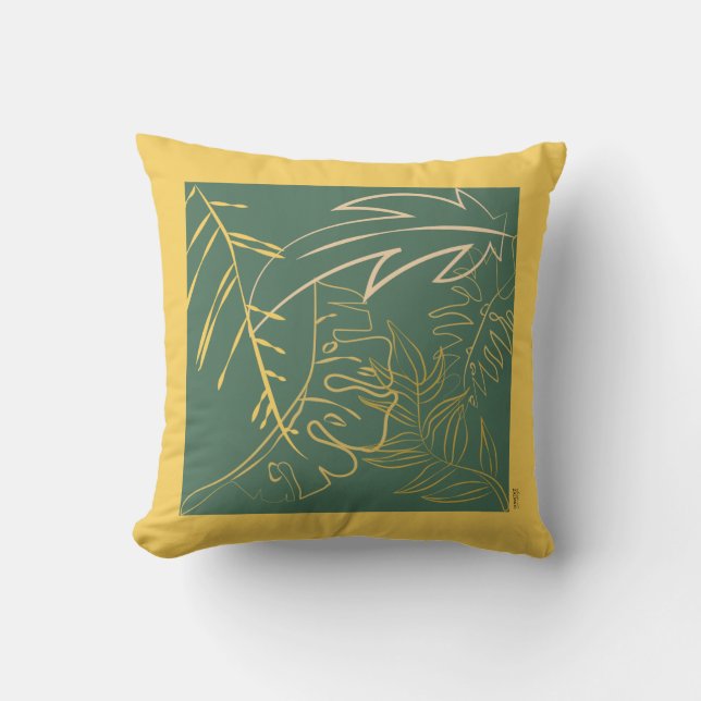 Chic Gold Leaf Green Background Throw Pillow (Front)