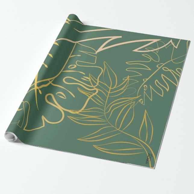 Chic Gold Leaf Green Background Wrapping Paper (Unrolled)