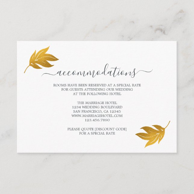 Chic Gold Leaf Wedding Accommodation Card (Front)