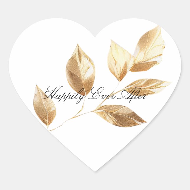 Chic Gold Leaves Wedding Heart Sticker (Front)