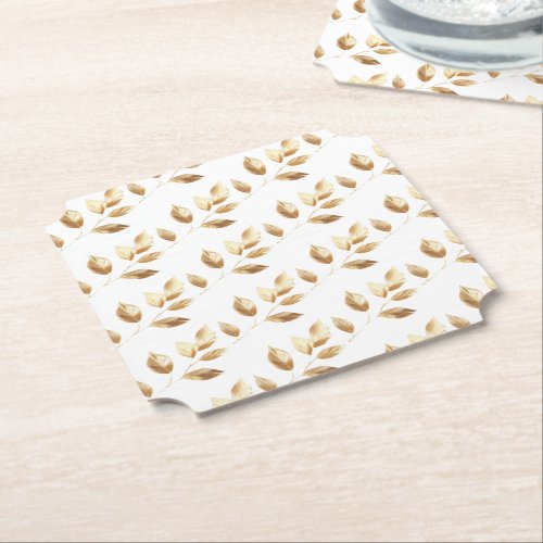 Chic Gold Leaves Wedding Paper Coaster