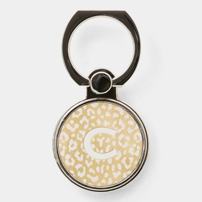 Chic gold leopard print personalized monogram phone ring stand (Front)