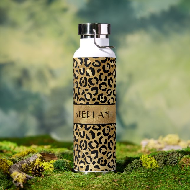 Chic Gold Leopard Print Personalized Water Bottle (Outdoor)