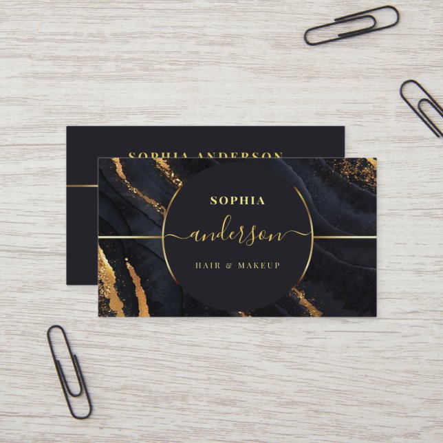 Chic Gold Logo circle & Dark Green Agate Glitter Business Card (Front/Back In Situ)