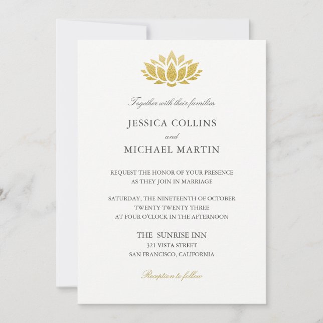 Chic Gold Lotus Flower Custom Wedding Invitation (Front)