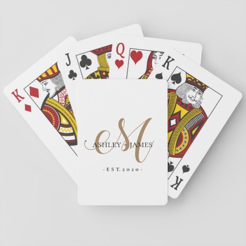  Chic Gold M Monogram Script Name Wedding Date Playing Cards