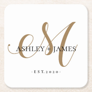 Chic Gold M Monogram Script Name Wedding Date Square Paper Coaster