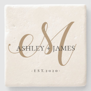 Chic Gold M Monogram Script Name Wedding Date Stone Coaster