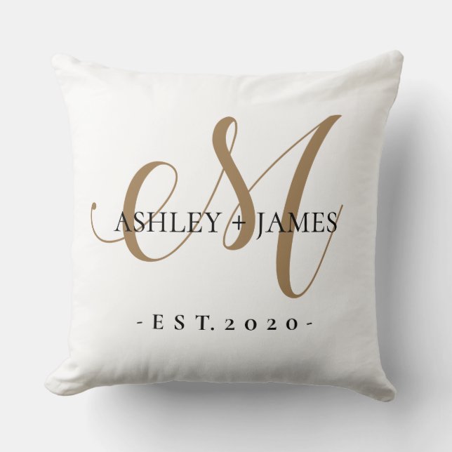  Chic Gold M Monogram Script Name Wedding Date Throw Pillow (Front)