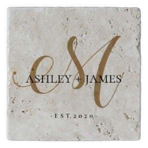  Chic Gold M Monogram Script Name Wedding Date Trivet