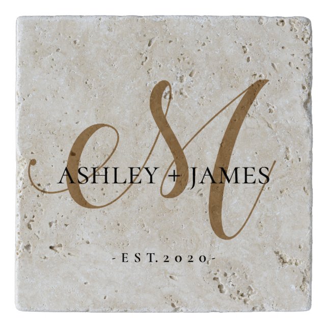  Chic Gold M Monogram Script Name Wedding Date Trivet (Front)