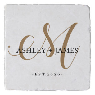  Chic Gold M Monogram Script Name Wedding Date Trivet