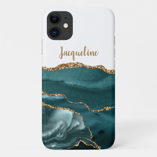 Chic Gold Marble Geode Teal Blue Modern Name iPhone 11 Case