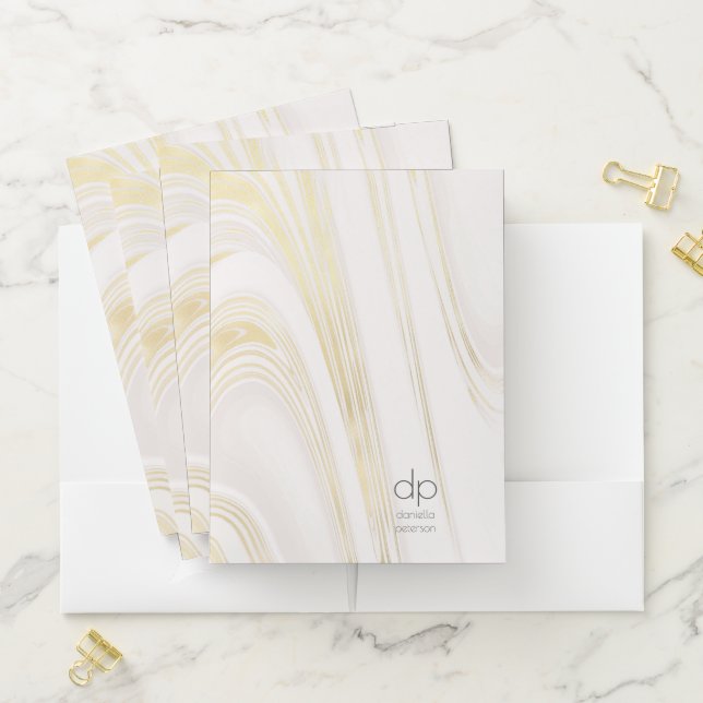 Chic Gold Marble Modern Monogram 3 Ring Binder Pocket Folder (In Situ)