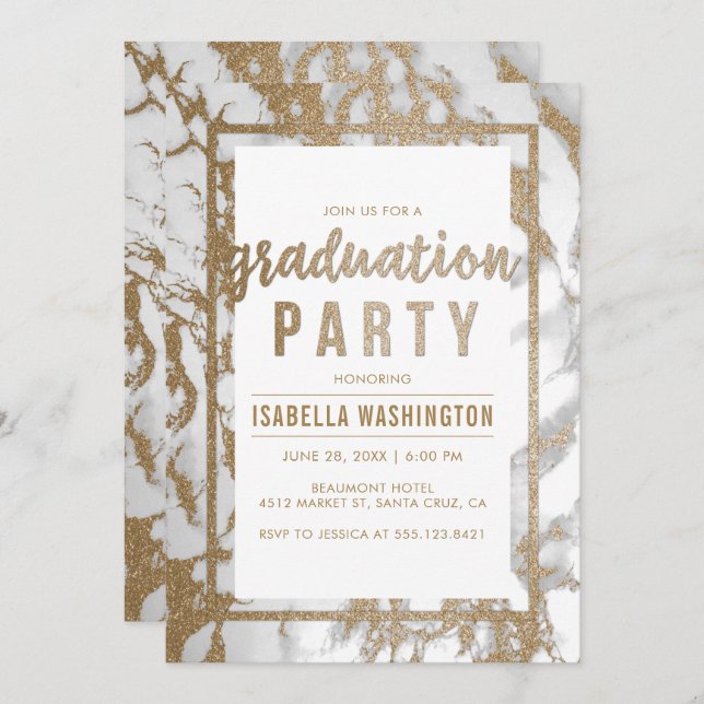 Chic Gold & Marble Typography Graduation Party Invitation (Front/Back)
