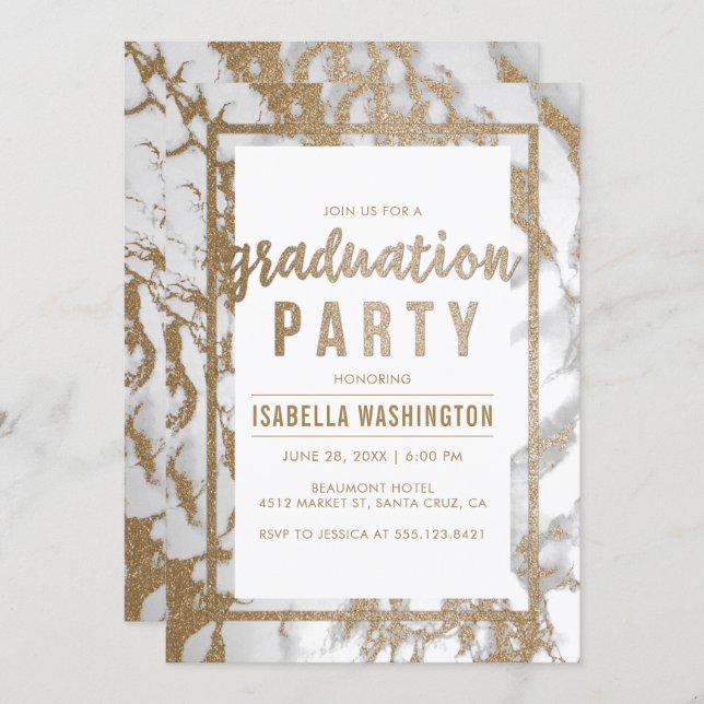 Chic Gold & Marble Typography Graduation Party Invitation (Front/Back)