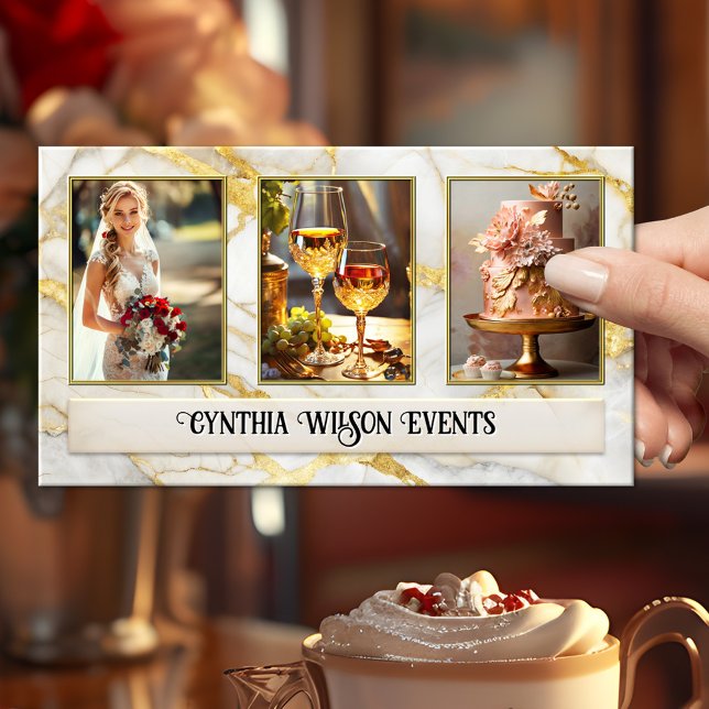 Chic Gold Marble Wedding Planner Photo  Business Card (Business card featuring your photos on chic gold veined marble - event planner - with social media)
