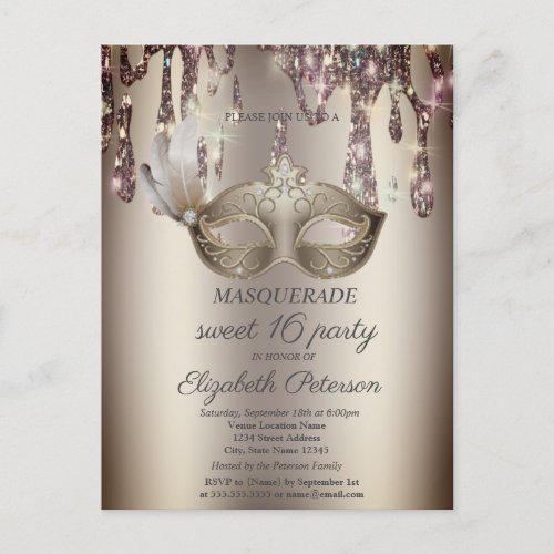 Chic Gold MasqueDripsMasquerade Sweet 16    Invitation Postcard