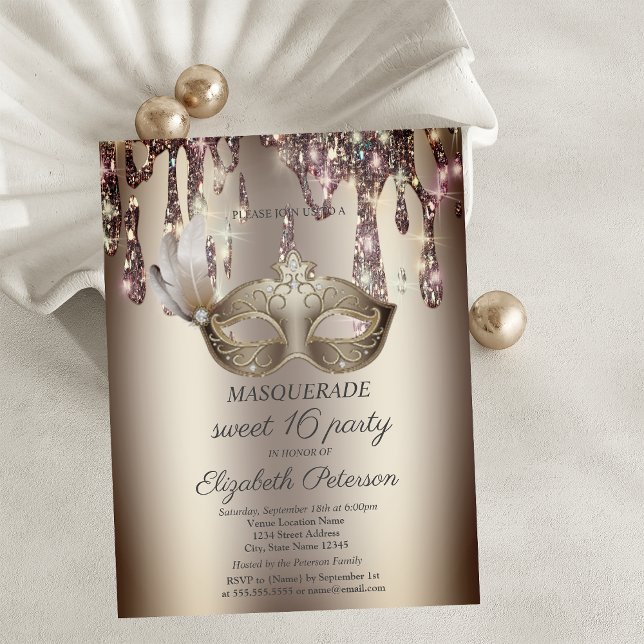 Chic Gold Masque,Drips,Masquerade Sweet 16    Invitation Postcard (Creator Uploaded)