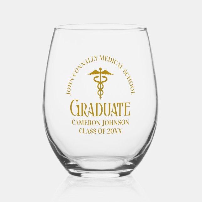 Chic Gold Medical School Graduate Personalized Stemless Wine Glass (Front)