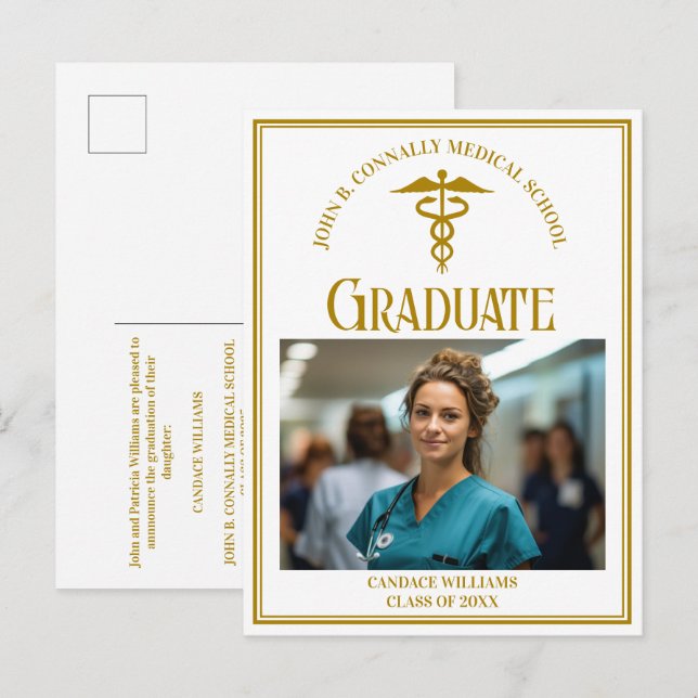 Chic Gold Medical School Graduation Photo Announcement Postcard (Front/Back)