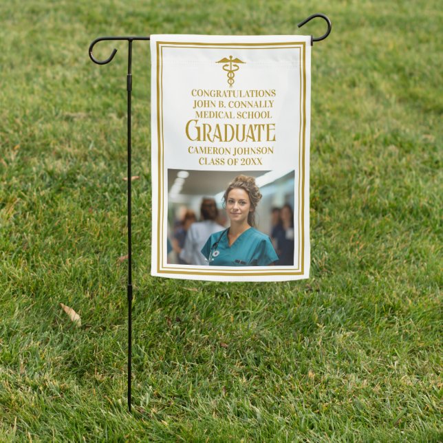 Chic Gold Medical School Photo Graduation Party Garden Flag (In SItu)