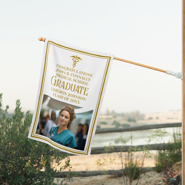 Chic Gold Medical School Photo Graduation Party House Flag (Insitu (Back))