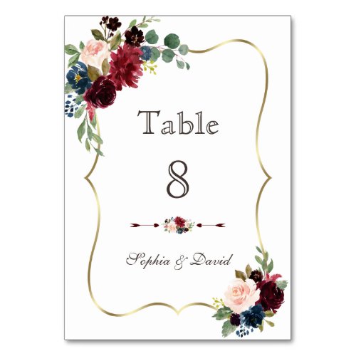 Chic Gold Merlot Navy Blue Floral Table Number