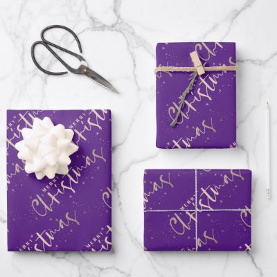 Chic Gold Merry Christmas on Purple Wrapping Paper Sheets