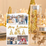 Chic Gold Merry Christmas Trees Photo Collage Holiday Card<br><div class="desc">A chic gold script Christmas card with your family photo collage around a beautiful tree made of golden snowflakes with Merry Christmas and Happy New Year on the front in cursive. Personalize with your 4 favorite kids photos on the front and a full vertical photograph on inside left of this...</div>