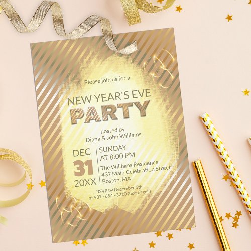 Chic Gold Metallic Stripes New Years Eve Party Invitation