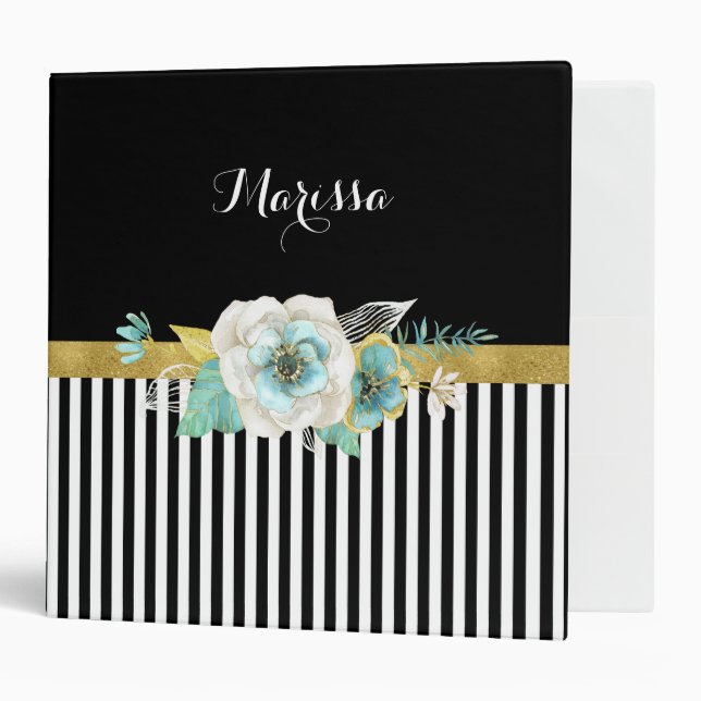 Chic Gold Mint Flowers With Black Stripes and Name 3 Ring Binder (Front/Inside)