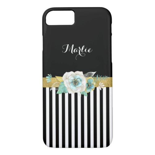 Chic Gold Mint Flowers With Black Stripes and Name iPhone 87 Case