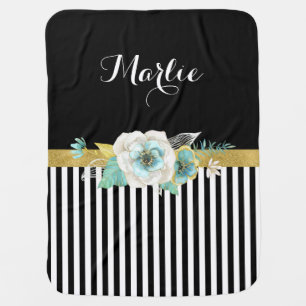 Chic Gold Mint Flowers With Black Stripes and Name Receiving Blanket