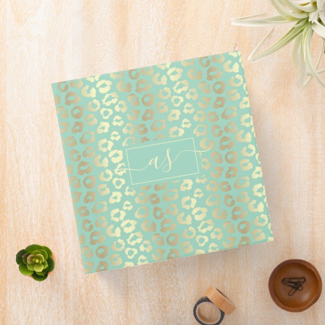 Chic Gold & Mint Green Leopard Print Monogrammed 3 Ring Binder (In Situ)