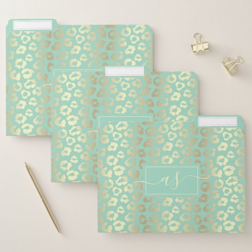 Chic Gold  Mint Green Leopard Print Monogrammed File Folder