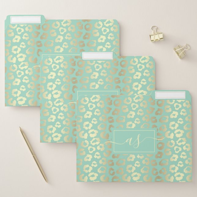 Chic Gold & Mint Green Leopard Print Monogrammed File Folder (Set)