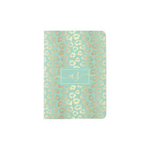 Chic Gold & Mint Green Leopard Print Monogrammed Passport Holder