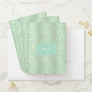 Chic Gold & Mint Green Leopard Print Monogrammed Pocket Folder